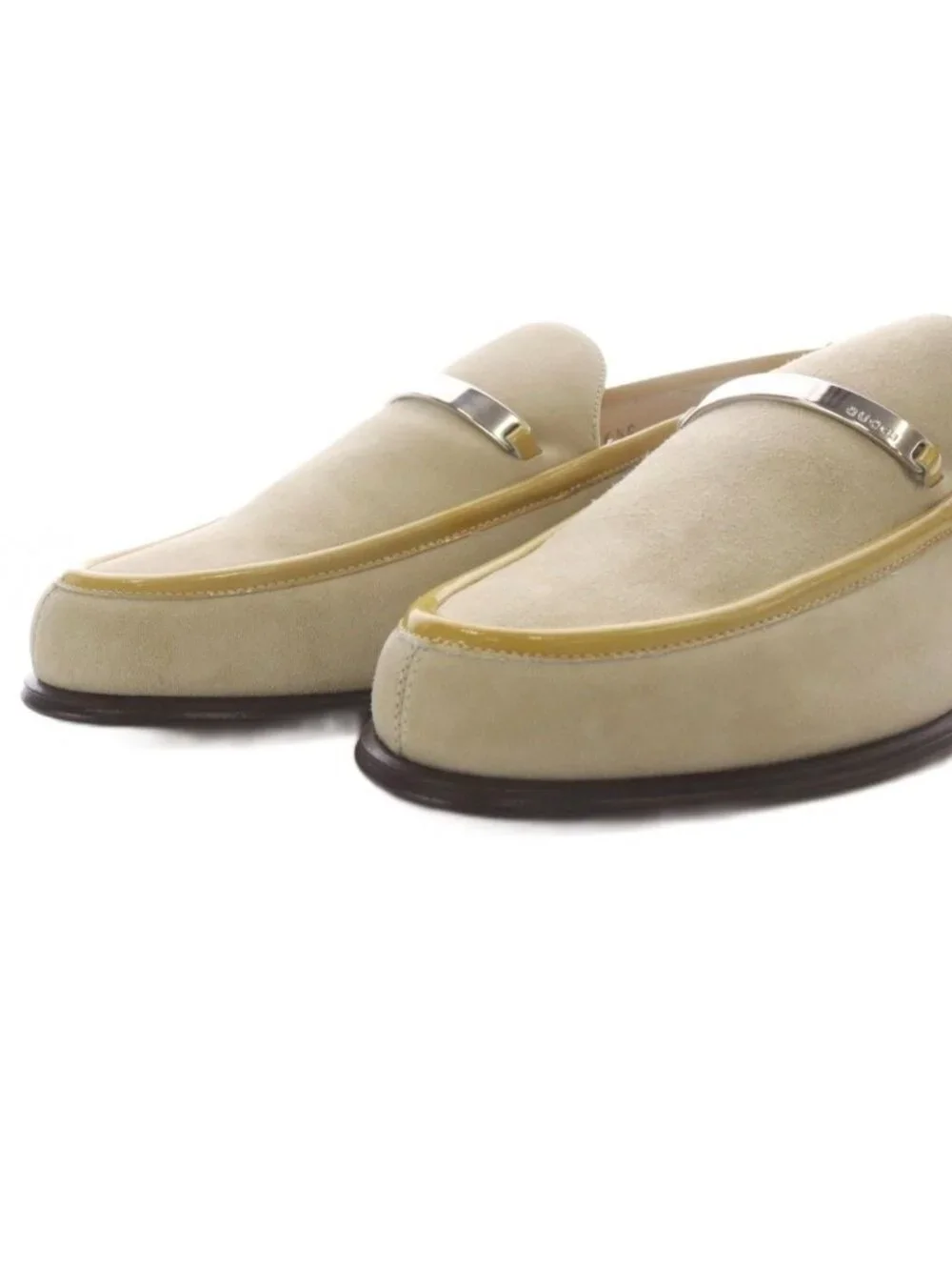 Gucci Loafers Slip on Logo Plate Suede Beige